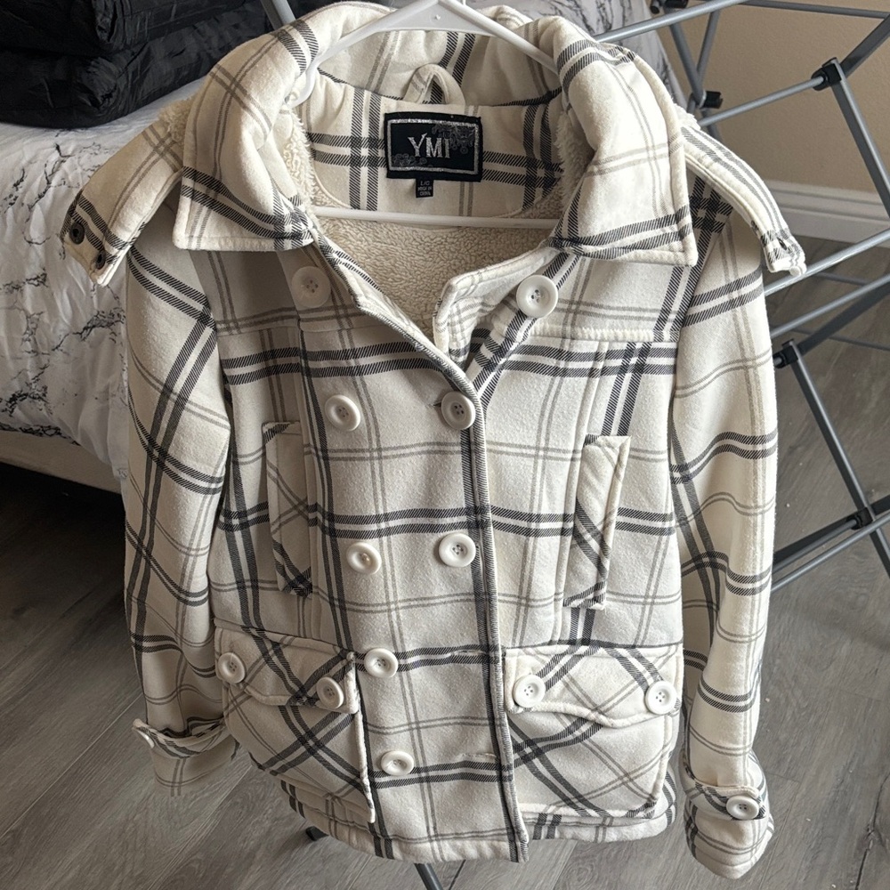 YMI Women's Plaid Pea Coat in Cream and Black